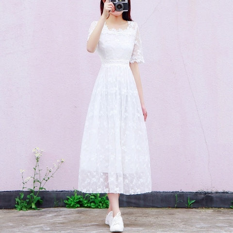 2020 New Women Vintage 3/4 Sleeve Square Collar Hollow Out Lace Dresses Casual Elegant White Party Dress Vestido