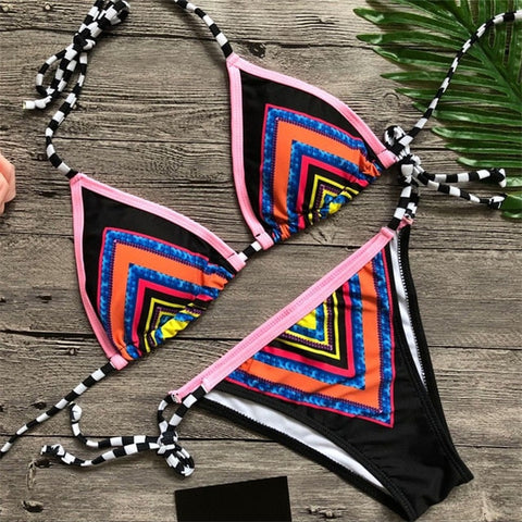 2018 New Bling Sequins Bikini Set Brazilian Halter Striped Bathing Suits Women Sexy Swimsuit Swimwear Bandage Padded Bikini