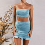 Load image into Gallery viewer, Mini Dress Women Two Pieces Split Falbala Hip Warp Club Dresses Hanging Strip Slash Neck Sexy Strapless Plicated Summer Beach
